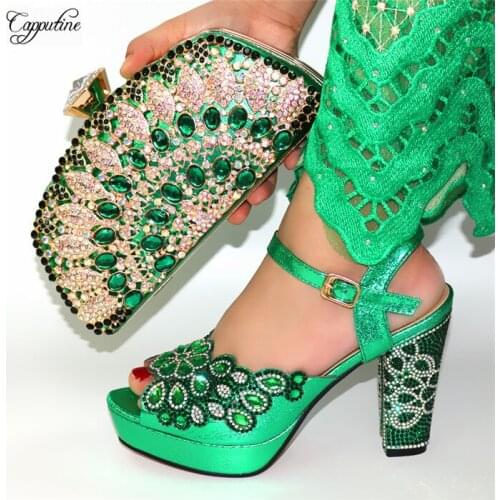 Green High Heels Ladies Shoes And Purse Bag Set Fashion Woman Sandals With Clutch Handbag Pumps Summer Sandalias CR178 11.5cm