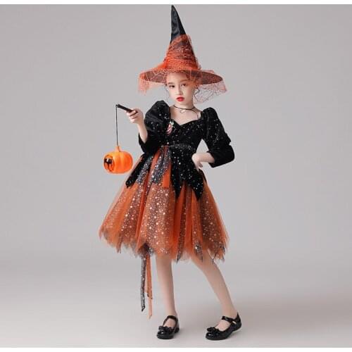 Halloween Girl Cosplay Costume 2021 Witch Dance Party Makeup Costume Acting Costume Children Pumpkin Star Sequin Princess Dress