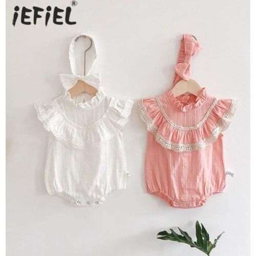 Summer Newborn Baby Girls Rompers+Bowknot Headband Infant Cotton Ruffles Sleeveless Lace Tassel Rompers Jumpsuits Clothes Sets