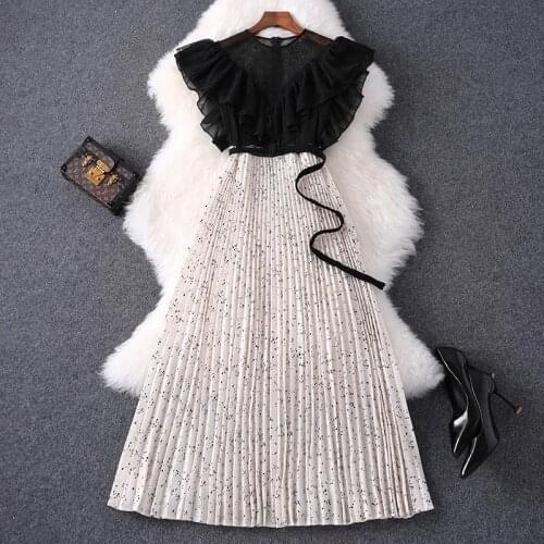 Fashion Pleated Trim Sashes Women Summer Dress Ruffles Sleeves Round Neck Dot Print Casual Dress Girls Sweet Cute A Line Dresses