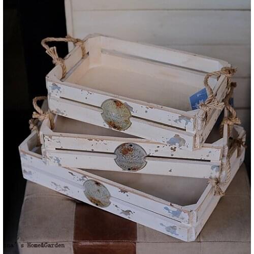 Set 3 stack shabby white shallow small wooden storage crates