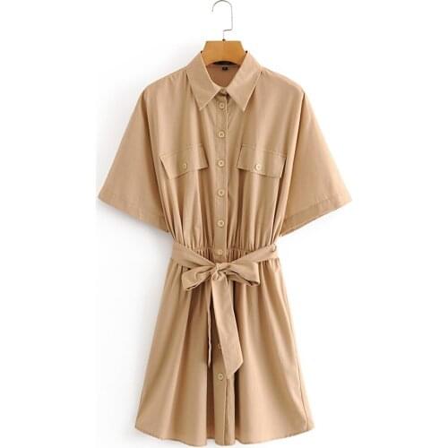 2021 summer womens new linen solid color work-assembly belt is thin, single-breasted large cuff shirt-style mini dress