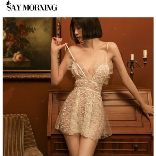 SAY MORNING New Sexy Pajamas Mesh Perspective Ruffles Sling Tops Fairy Dreamy Lingerie Embroidery Bandage Beauty Back Nightwear
