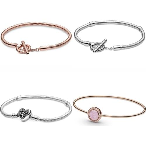 Rose Pink Swirl Moments T-bar Family Tree Heart Snake Chain 925 Sterling Silver Bracelet Fit Pandora Bangle Bead Charm Jewelry