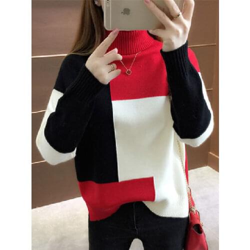 JMPRS Patchwork Women Pullover Sweater Autumn Loose O Neck Long Sleeve Knitted Thick Korean Fashion Female Jumper Sweater Top