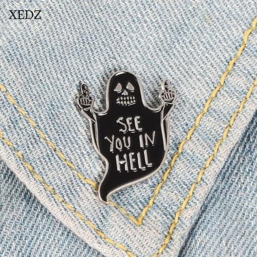 XEDZ New SEE YOU IN HELL Black Ghost Brooch Black Horror Ghost Phantom Middle Finger Death Brooch Denim Pendant Halloween Badge