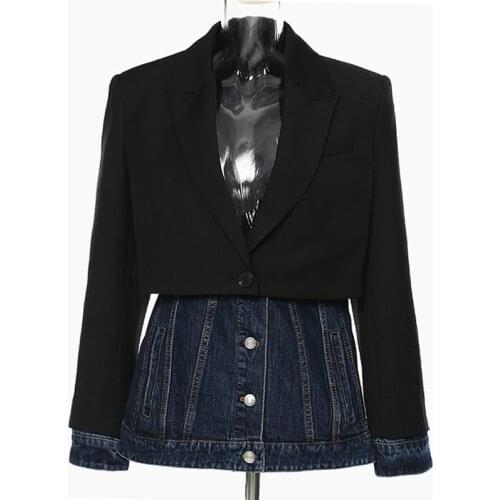 SeeBeautiful Stitching Denim Loose Blazer Coat Notched Long Sleeve Single Breasred Women Autumn 2021 New Fashion Tide G213