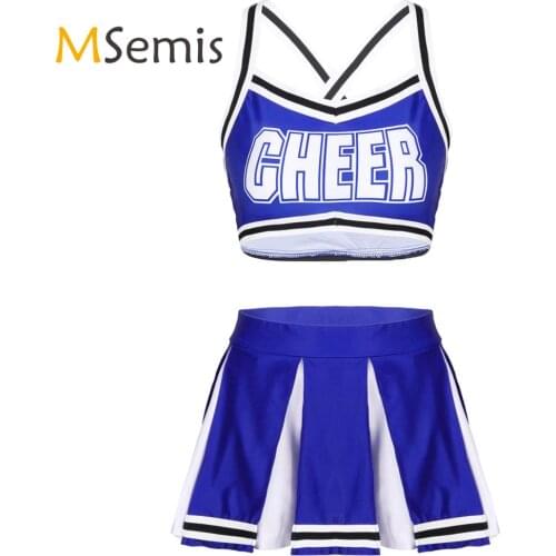 Womens Girls Carnival Cheerleader Costumes Back Crossed Crop Top with High Waist Mini Pleated Skirt Cheerleading Uniform Outfit