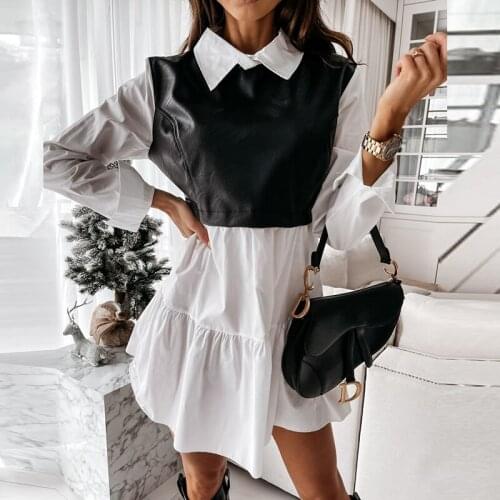 Women Plaid Dress Long Sleeve PU Leather Patchwork Shirt Dress Turn-down Collar Office Lady Mini Dress Spring FashionVestidos