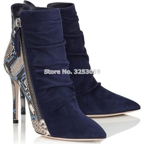 ALMUDENA Ladies Top Brand Snakeskin Pointed Toe High Heel Ankle Boots Royal Blue Folded Suede Patchwork Pumps Banquet Shoes