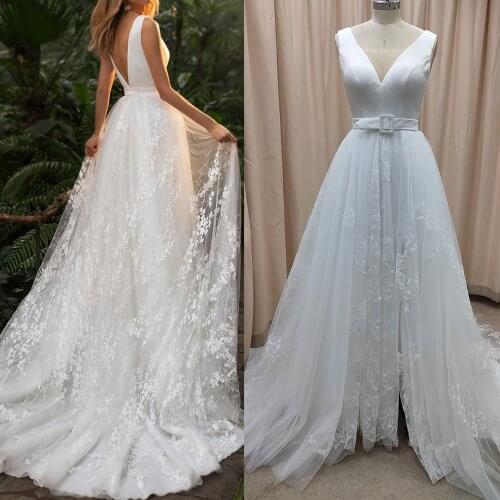 Boho Garden Satin V Neck Wedding Bride Dress Sleeveless 2021 Backless A Line Beach Rustic High Slit Tulle Bridal Gowns 4270