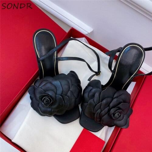 Fashion Flower Prints Red High Heels Sandals Luxury Designer Genuine Leather Gladiator Sandals 2021 Lady Black Party Shoes Woman