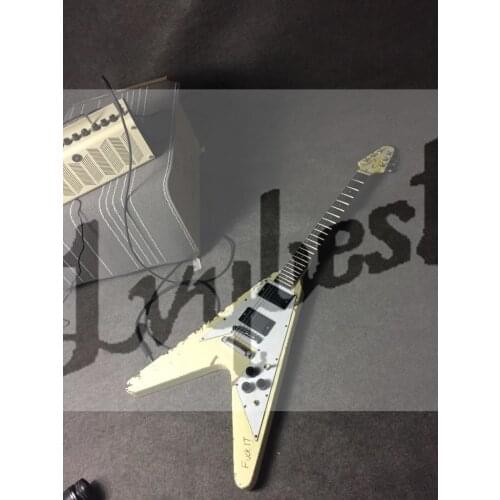 Lvybest electric guitar V shape cream relic wear off effect painting ,skull drawing and hand drawing,aged parts, free shipping