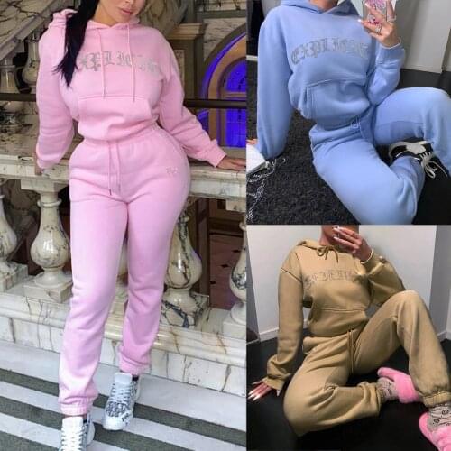 Fleece Tracksuit Women Two Piece Set Autumn Winter Long Sleeve Hooded Sweatshirt Top and Pants Sports Suit Casual Outfits clothe