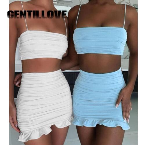 Gentillove Women 2 Piece Sets Solid Party Club Summer Skim Ruffles Sexy Backless Strapless Pleated Tank Top and High Waist Skirt