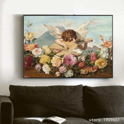 No frame classical religious figures music angel roses canvas printings oil painting printed on cotton art decoration picture