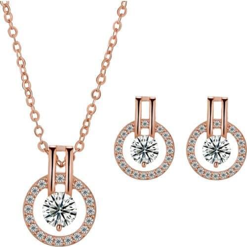 Classic Round Jewelry Sets For Women Lady Simple Zircon Rose Gold Silver Color 2 PCS Necklace Earrings Fashion Jewelry KBS303