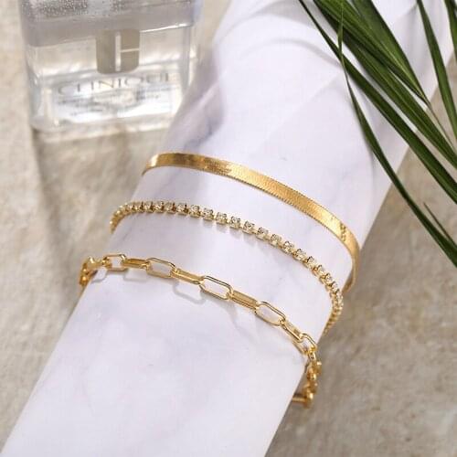 Multi-Layer Rhinestone Flat Snake Chain Anklets Set Ladies Gold Metal Anklet Womens Ankle Bracelet Bohemian Sandal Jewelry