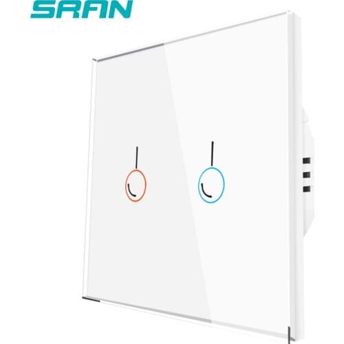 SRAN eu wall sensor switch,110-220V white/black crystal glass panel with led indicator 86mm*86mm 2gang 1way touch switch