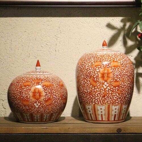 New Chinese Hand-painted Famille Rose Porcelain Red Gourd Watermelon And Wax Gourd decorative porcelain Ginger jar with lid