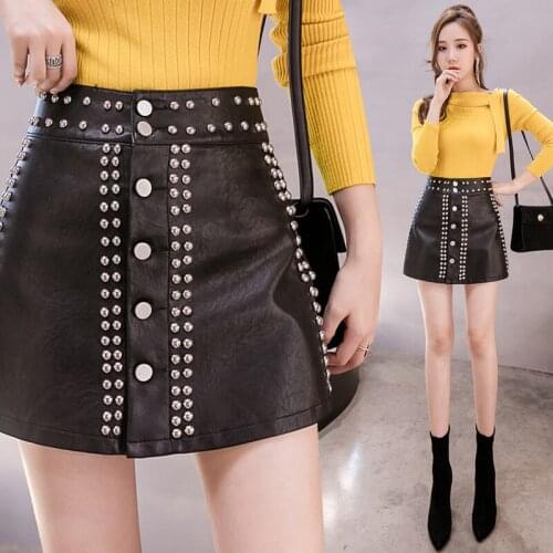 2020 new fashion autumn and winter temperament high waist heavy industry rivet anti-glare PU leather shorts skirt DQ528