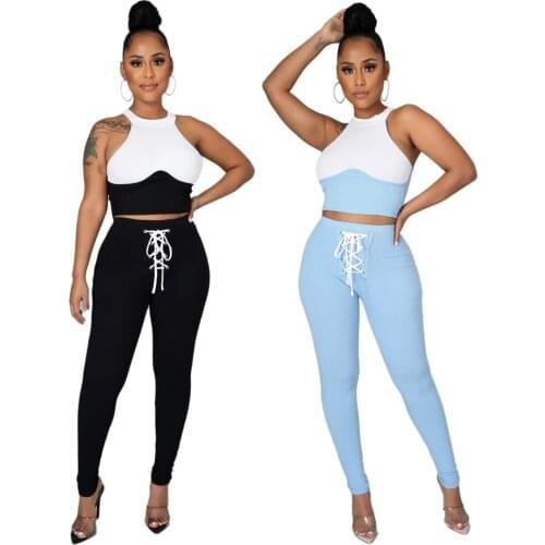 The New Summer Vests Two Sets Of Womens Round Collar Top + Pantsuit African Fashion Collision Color Sexy Tight S-XL Two Sets