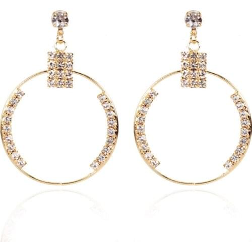 New Womans Temperament Diamond Pendant Earrings Vintage Geometry Circular Hollowed Gold Silver Color Earrings Trend Jewelry Gift