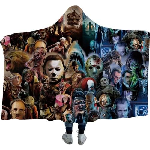 3D Horror Movie Character Hooded Blanket For Adult Gothic Halloween Killers Sherpa Fleece Wearable Throw Blanket Microfiber