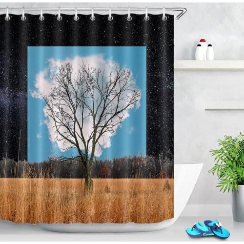 Autumn Tree Shower Curtain Night Daytime Natural Scenery Creative Printing Fabric Bathroom Curtain Set with Hooks Art Decor