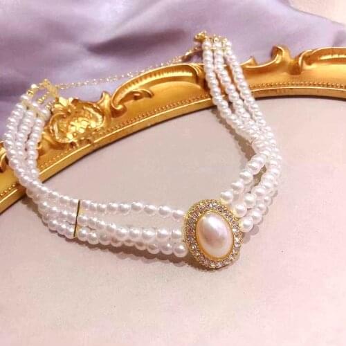 3 row pearl choker necklace vintage layered pearl gold choker necklace for women girls elegant french style