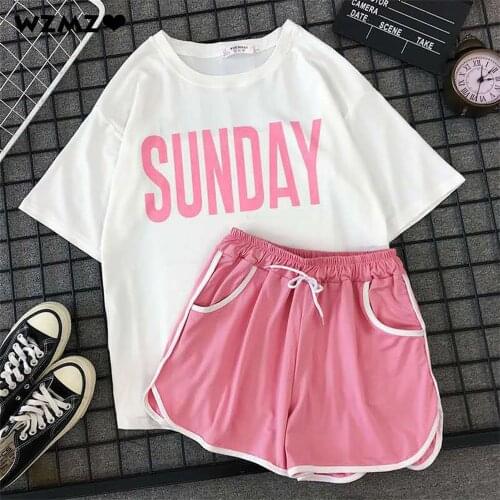 Girls Casual Pijama Two Piece Fashion SUNDAY Print Short Set Pajamas Sweet Short Sleeve Womens T-shirt & Drawstring Shorts