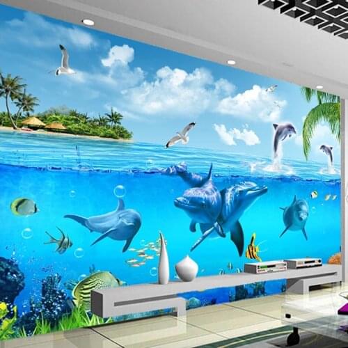 Blue Big Sea Dolphin Underwater World 3D Wall Painting Children Room Living Room Bedroom Decoration Waterproof Mural Wallpaper