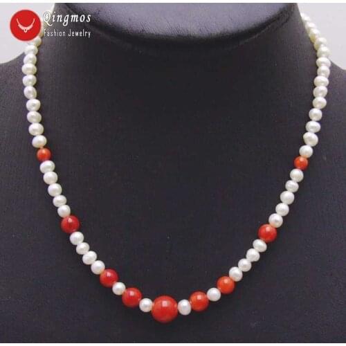 Qingmos Natural Pearl Necklace for Women with 5mm Round White Pearl 17" Chokers Necklace & Red Coral Pendant Necklace Jewelry