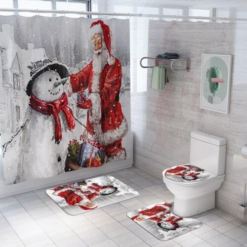 Santa Christmas Printed Shower Curtains Bathroom Set Snowflake Toilet Cover Mat Non Slip Rug Sets Christmas Holiday Home Decor