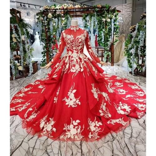 BGW HT42117 Muslim Wedding Dress With Wedding Veil High-neck Lace Up Back Red Wedding Party Dress With Train Suknia Slubna 2020
