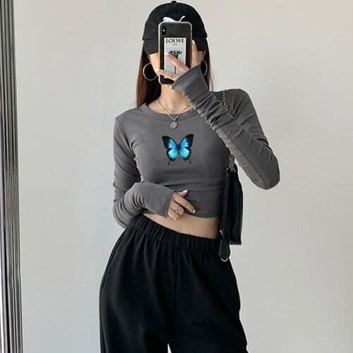 Hip Hop 90s Pant Set Fashion Cute Butterfly Top Cotton Long Sleeve T-shirt for Lady O Neck Sexy Women Tops Clothes Graphic Tees