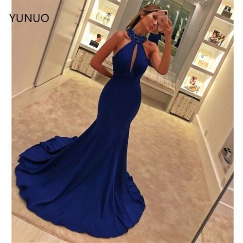 YUNUO Mermaid Sexy Evening Dresses Sleeveless Elegant Royal Blue Long Party Gowns O-neck Beading Prom Dress Floor-Length