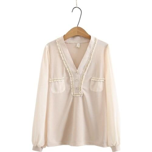 Plus Size Womens XL-4XL V-neck Long Sleeved Blouse Vintage Female Ladies' Elegant Tops
