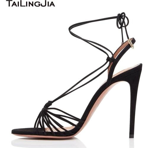 Women Summer Cross Tied High Heel Stiletto Sandals Heels Open Toe Black Lace Up Fish Mouth Sexy Woman Shoes 2018 Large Size 46