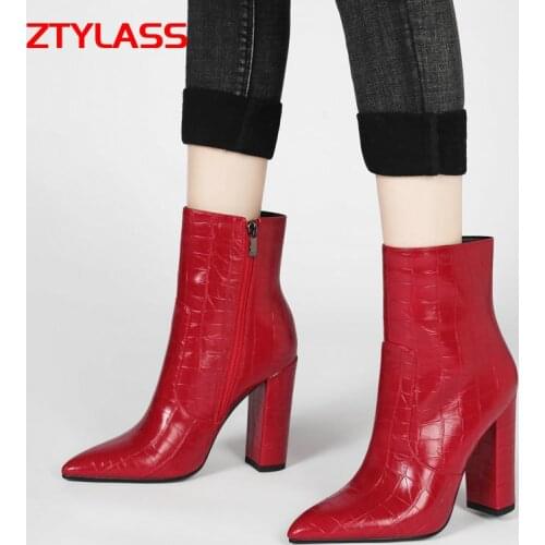 Street Style Women Boots Sqaure High Heel Ankle Boots Print Pu Leather Modern Boots Pointed Toe Zipper Autumn Winter Shoes Black