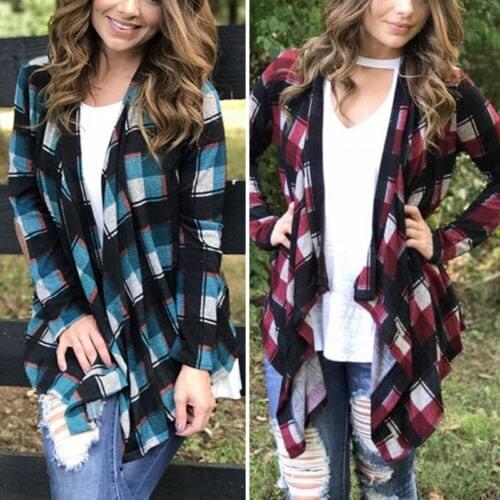 Womens Red Plaid Shirts 2017 Autumn Ladies Tops Long Cardigan Open Blouse