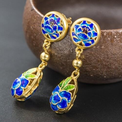BOCAI New s925 pure silver gold-plated earrings lotus enamel roasted blue earrings for women