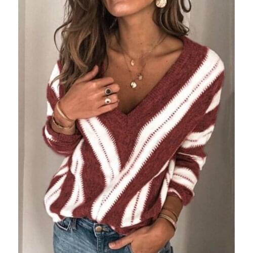 Women Autumn V-Neck Long Sleeve Sweater Casual Loose Knit Pullover Sexy Tops