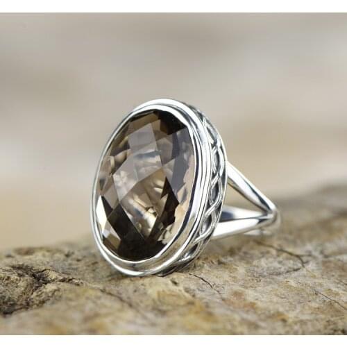 100% Genuine 925 Sterling Smoky Quartz Silver Ring for Women Vintage Natural Gemstone Gift Ring Thai Silver Jewelry Accessories