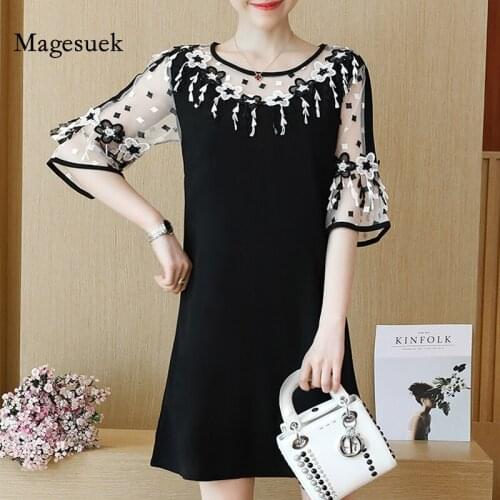 Summer Dress New Elegant Half Flare Sleeve Plus Size Dress Office Lady O-Neck Straight Patchwork Lace Black Dress Women 2724