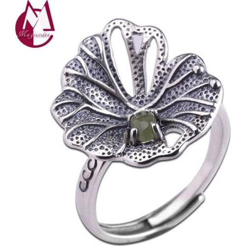 Lotus Leaf Inlaid Jasper Adjustable Finger Ring Real 925 Sterling Silver Fashion Vintage Jewelry Women 2021 Free Shipping R23