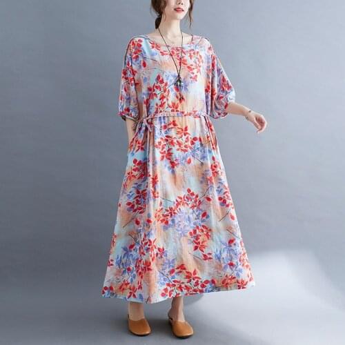 2021 New Arrival Print Floral Chic Fashion Women Dress Thin Soft Cotton Linen Loose Casual Summer Dress Office Lady Work Dress