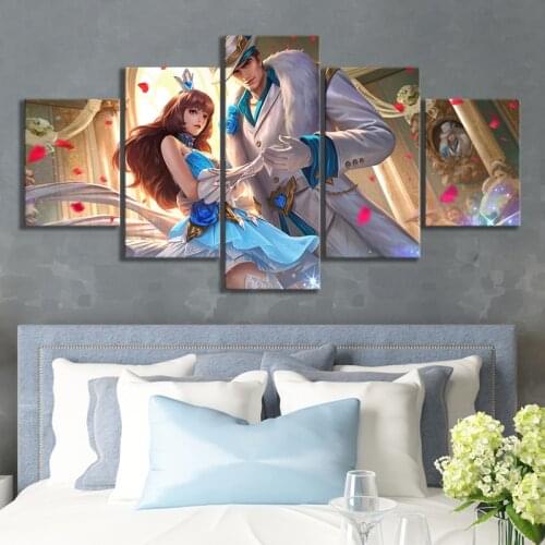 5 Panels Lu Bu Diao Chan Strike of Kings Arena of Valor Video Games Art Cartoon Wall Painting Canvas Art for Home Decor Wall Art