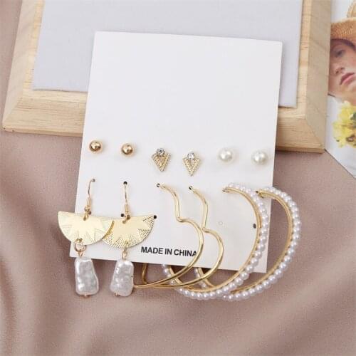 6Pairs/Set Simple Gold White Ball Cone Stud Earring Set For Women Fashion Geometric Semicircle Round Heart Metal Pearl Earrings
