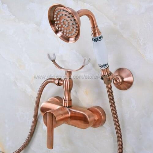 Antique Red Copper Wall Mounted Bathroom Faucet Bath Mixer Tap With Hand Shower Head Shower Faucet Kna347